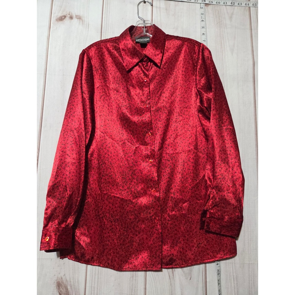 Notations Red Satin Leopard‎ Print Button Up Blouse Womens Small Long Sleeve Top